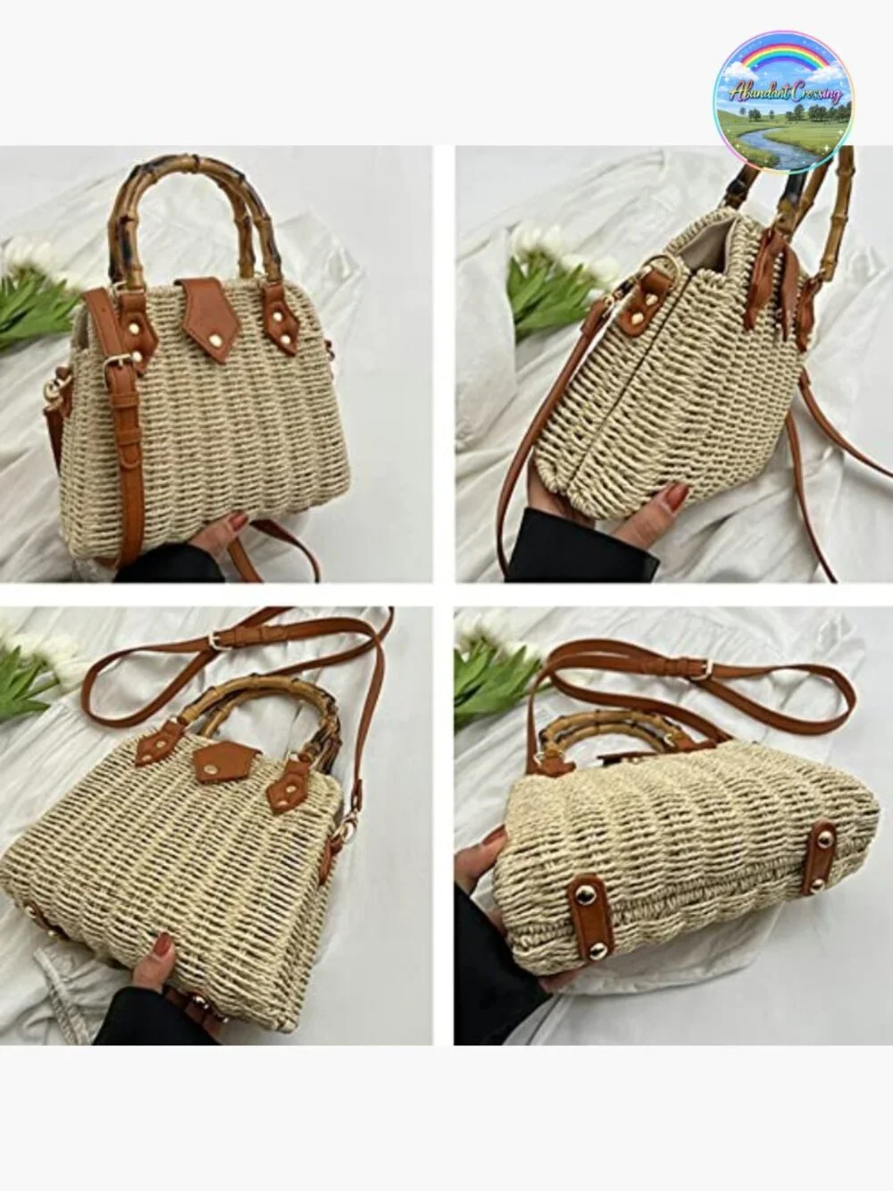 Handwoven Straw Crossbody Bag Bamboo Handle Hobo Shoulder Purse